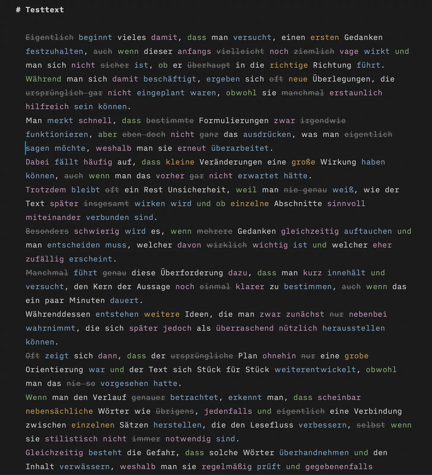 Screenshot des Languator-Tools: deutscher Testtext mit farbig markierten und durchgestrichenen Wörtern