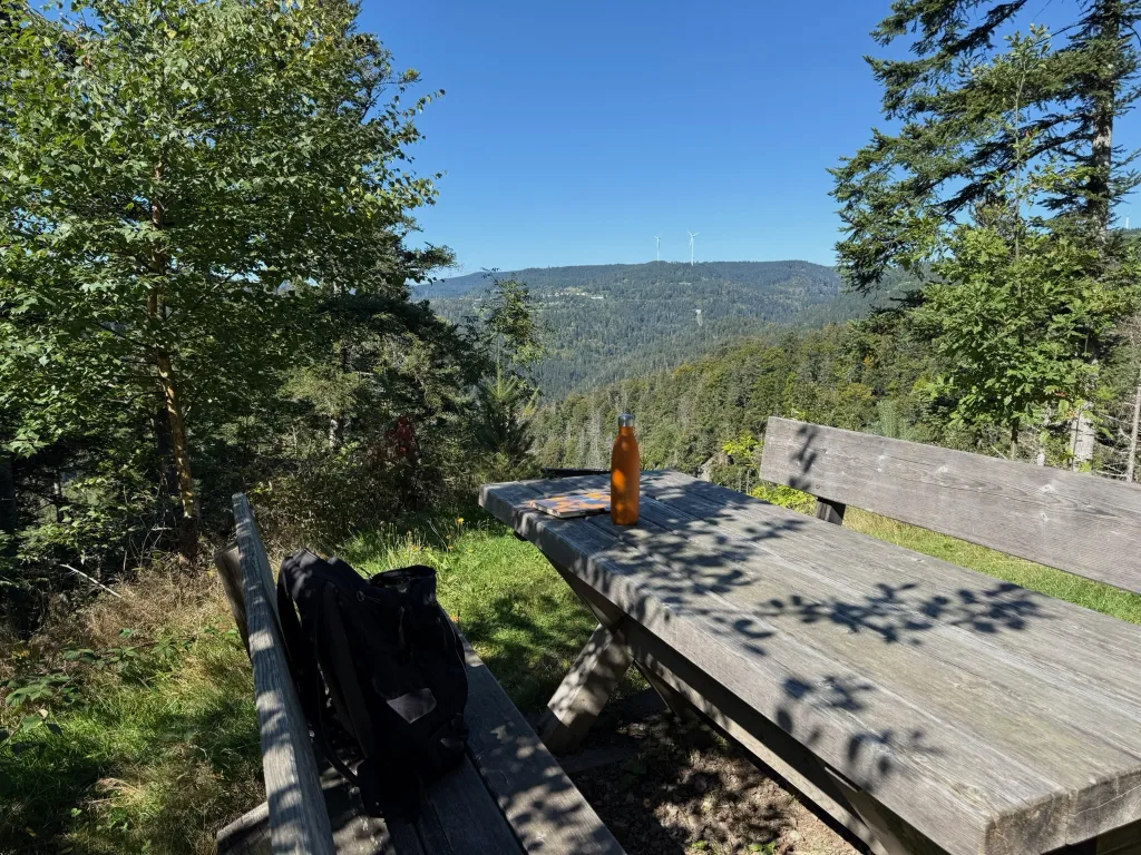 Orange Trinkflasche auf einem Holztisch mit Bänken und Rucksack, dahinter bewaldete Hügel mit Windrädern.