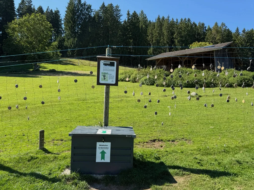 Wildgehege mit Infotafel und Kiste „Wildfutter & Getränke“ vor Wiese, Netzzaun mit Scheiben und Holzstadel.
