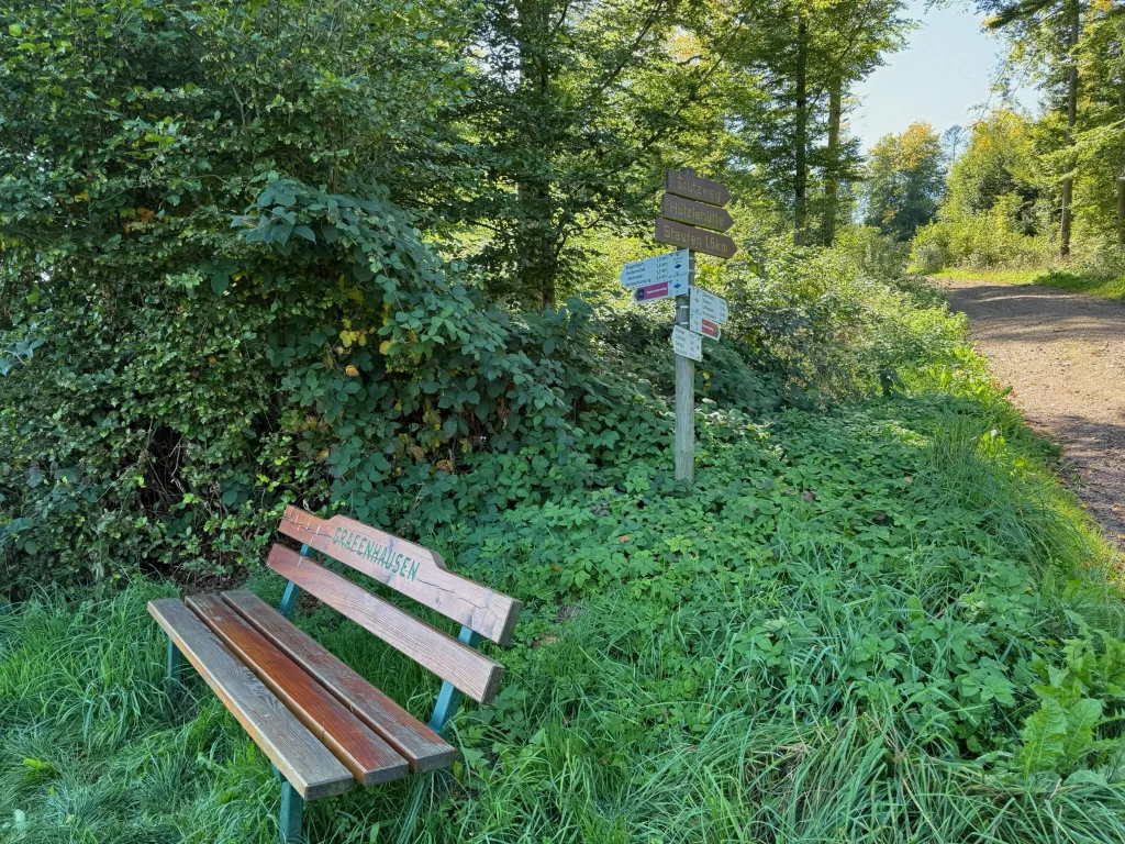 Holzbank im Gras neben einem Wanderwegweiser mit Schildern wie „Staufen 1,5 km“ am Rand eines Waldwegs.