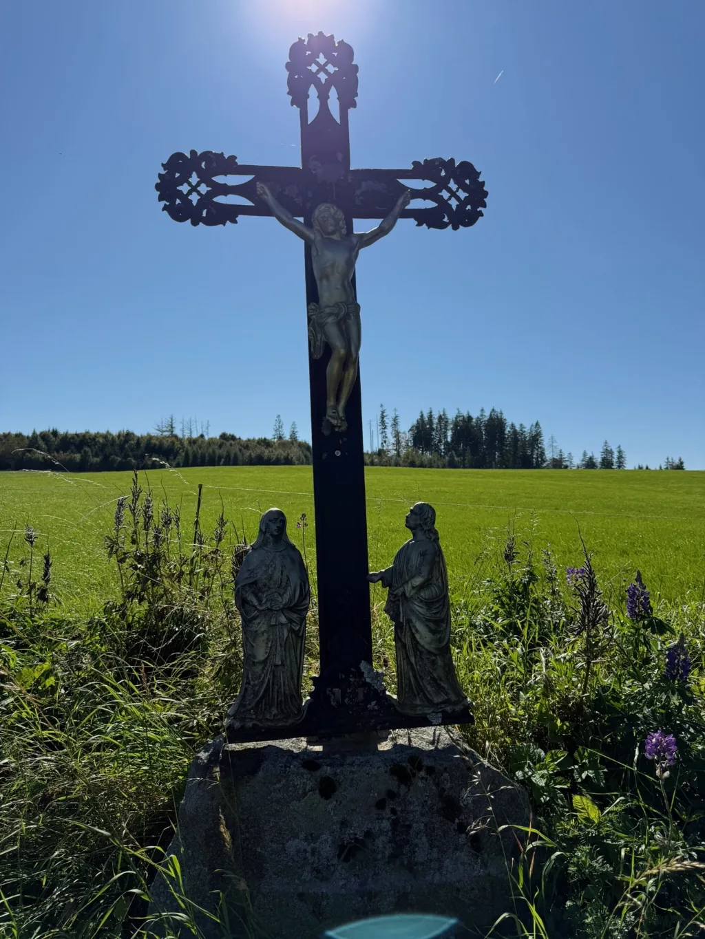 Schmiedeeisernes Wegkreuz mit Christusfigur und zwei Heiligenfiguren auf Steinsockel am Rand einer grünen Wiese.