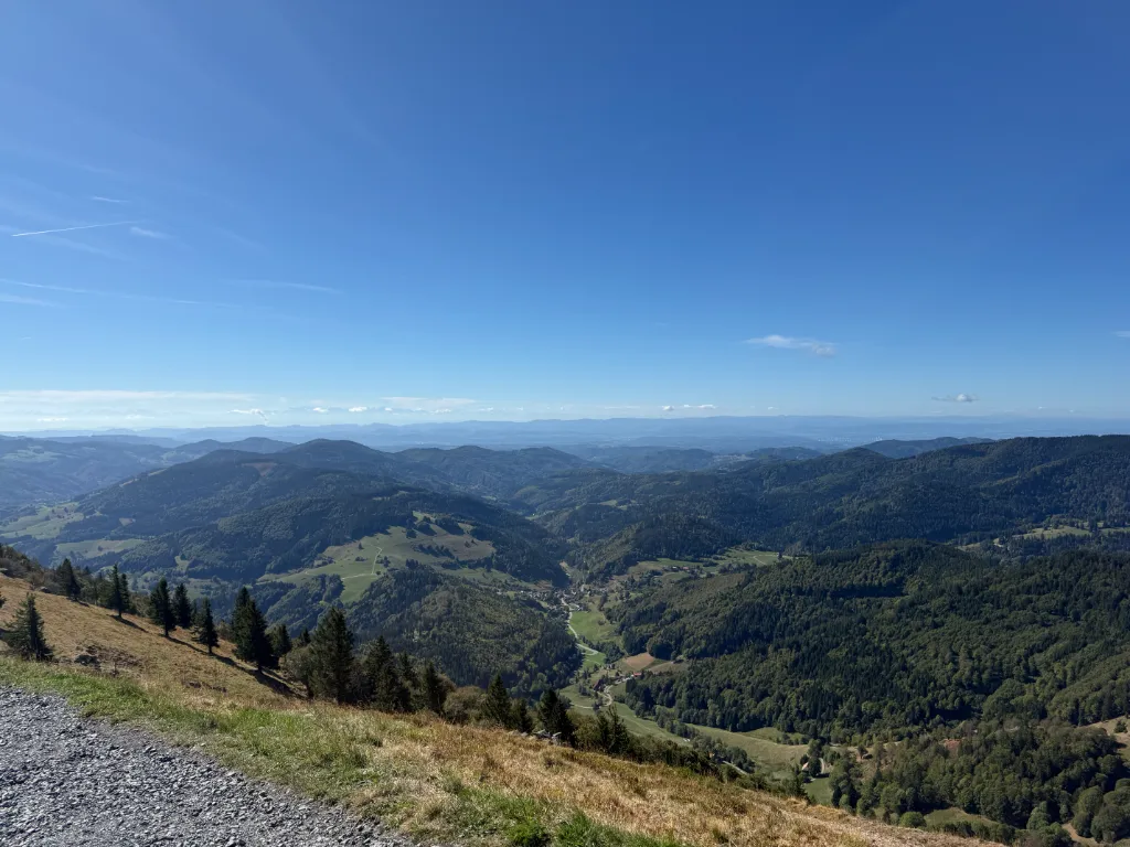 Weiter Blick über bewaldete Schwarzwaldhöhen und ein Tal mit kleinen Ortschaften unter blauem Himmel.